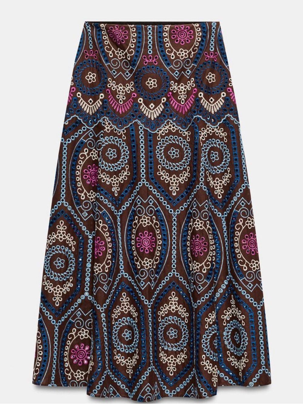 Zara Embroidered Eyelet A-Line Madi  Skirt in Brown with Blue & Pink Accent - Picture 2 of 9